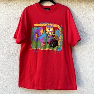 Vintage Laurel Burch Red Animalia Short Sleeve Tee OS M Single Stitch 90s Y2K